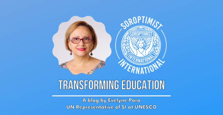 Photo fram with picture of Evelyne Para mounted on blue background. Right of the photo is the SI logo. Beneath, text reads: Transforming Education, a blog by Evelyne Para, SI Representative to UNESCO.