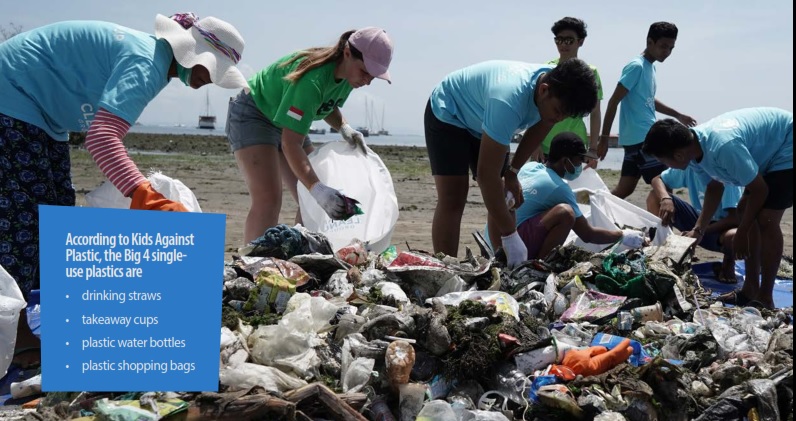 Image of young people sorting through a pile of rubbish at a landfill site. Text reads: According to Kids Against Plastic, the big 4 single use plastics are: plastic straws, cups, bottles, and bags. 