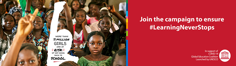 Group of girls on the left with the statistic of 11 million girls at risk of not going back to school.